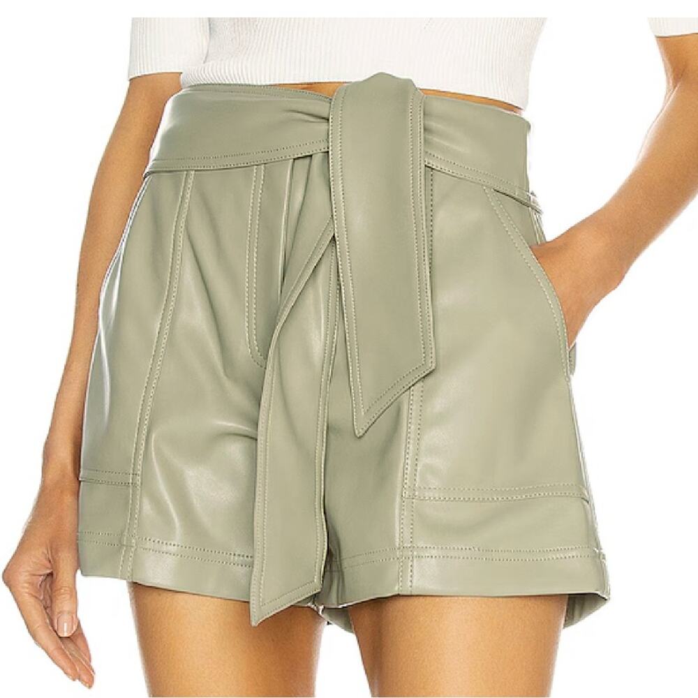 Jonathan Simkhai Olive Green Faux Leather Tie-Waist Shorts